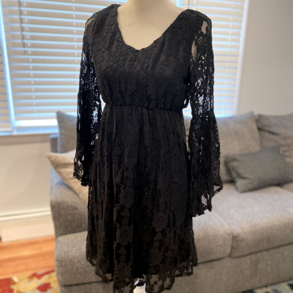 Pinkblush maternity black lace dress. Sheer, 3/4 and slit sleeves.